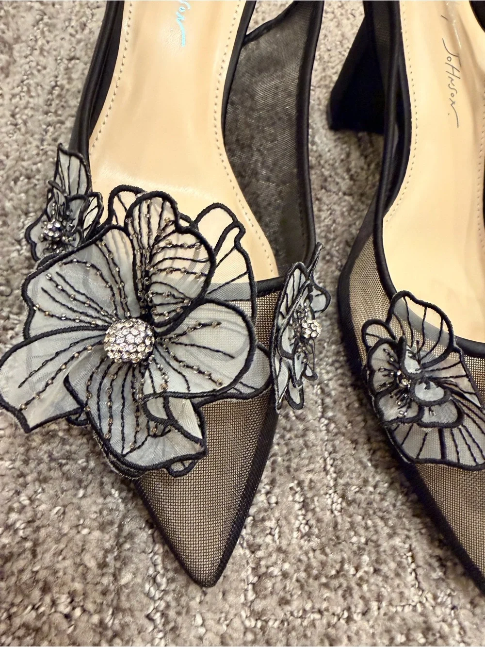 Betsey Johnson Petra Black Mesh Floral Block Heels Coquette Cocktail Size 9.5